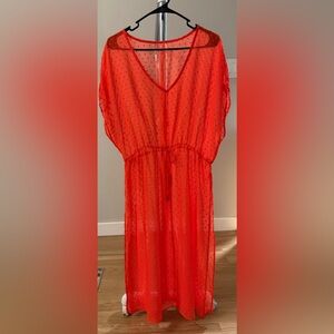 Sheer Coral Red Swiss Dot Drawstring Dress